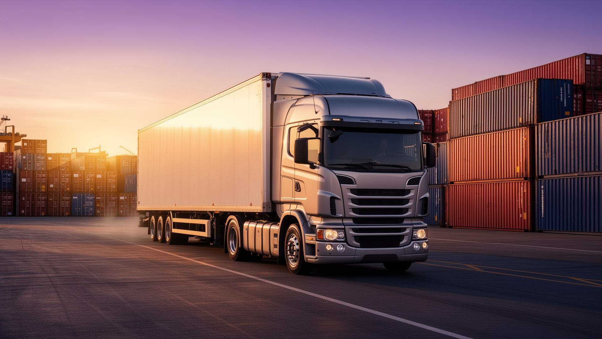JDG Logistics semi-truck leaving a port container terminal at sunset